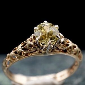 c.1910 Edwardian Engagement Ring .97ct Yellow Sapphire 10k Gold Filigree